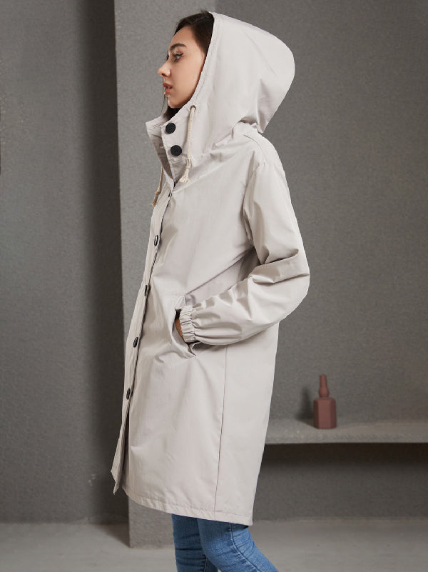 Buttoned Drawstring Elasticity Hooded Pockets Split-Back Waterproof Long Sleeves Loose High-Neck Trench Coats