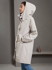 Buttoned Drawstring Elasticity Hooded Pockets Split-Back Waterproof Long Sleeves Loose High-Neck Trench Coats