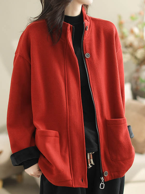 Buttoned Keep Warm Pockets Split-Joint Velvet Zipper Long Sleeves Loose Stand Collar Outerwear