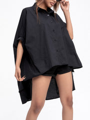 Solid Color Batwing Sleeves High-Low Lapel Blouses&Shirts Tops