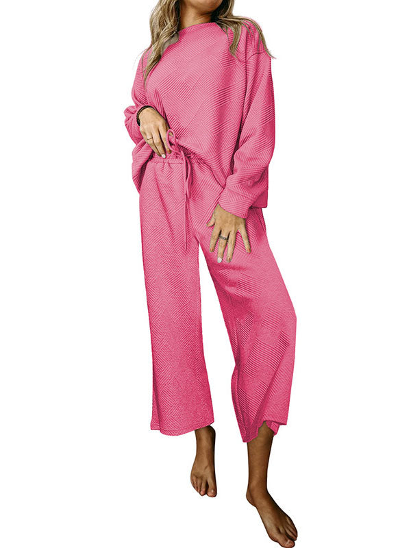 Round-Neck Long Sleeves Loose Solid Color Shirts Top + Drawstring Pants Bottom Two Pieces Set