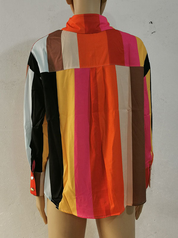 Contrast Color Printed Long Sleeves Loose Lapel Blouses