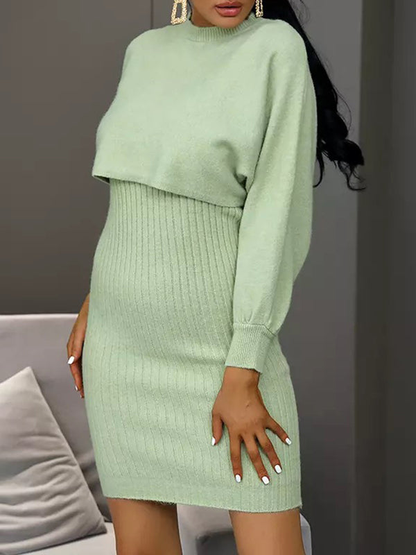 Round-Neck Long Sleeves Solid Color Sweater Top + Inner Dress Two Pieces Set