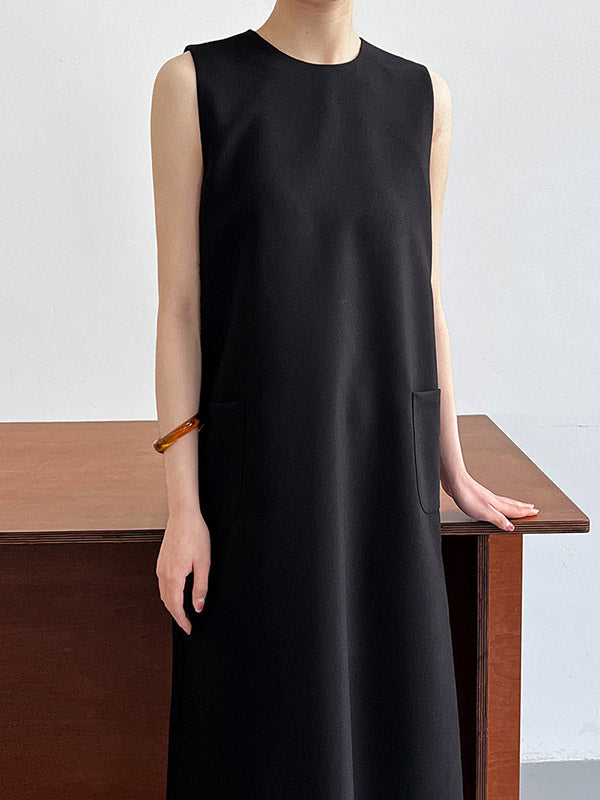 Pockets Solid Color Split-Back Zipper High Waisted Loose Round-Neck Midi Dresses