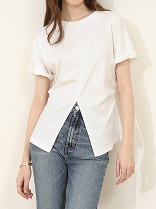 Pleated Solid Color Split-Front Split-Joint Batwing Sleeves Loose Round-Neck T-Shirts