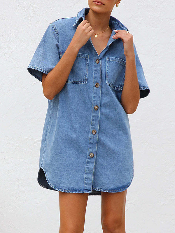 Split-Joint Loose Short Sleeves Lapel Shirt Dress Mini Dresses