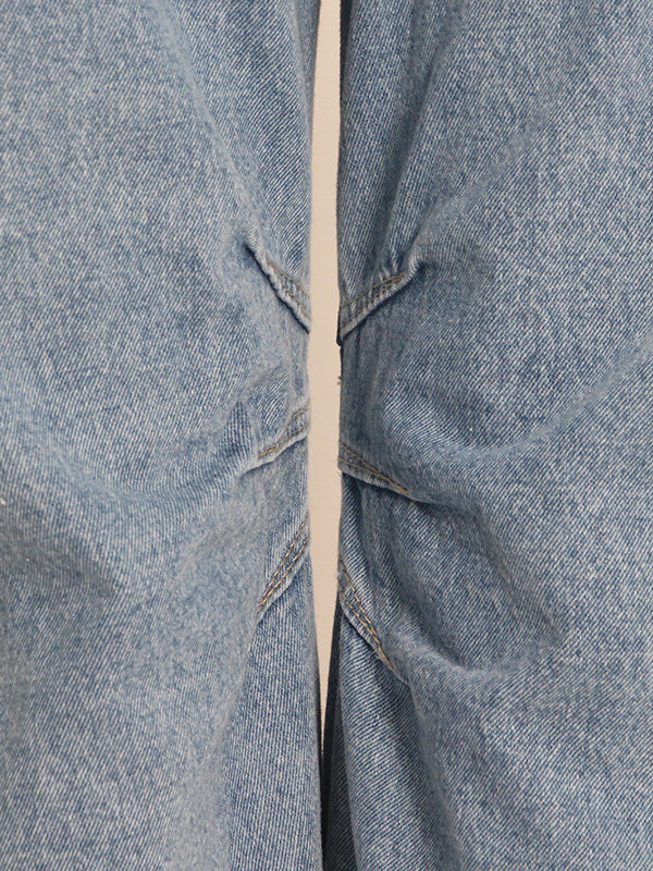 Pleated Pockets Split-Joint Streamer Loose Jean Pants Bottoms
