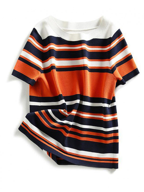Contrast Color Striped Loose Short Sleeves Round-neck T-Shirts Tops