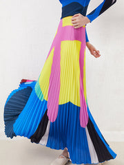 Contrast Color Pleated A-line Loose Skirts Bottoms