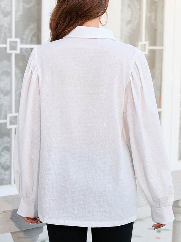 Buttoned Solid Color Split-Joint Long Sleeves Loose Lapel Blouses&Shirts Tops