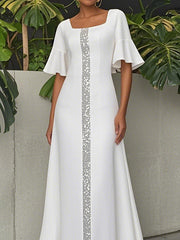 A-Line Flared Sleeves Shiny Solid Color Split-Joint Square-Neck Maxi Dresses