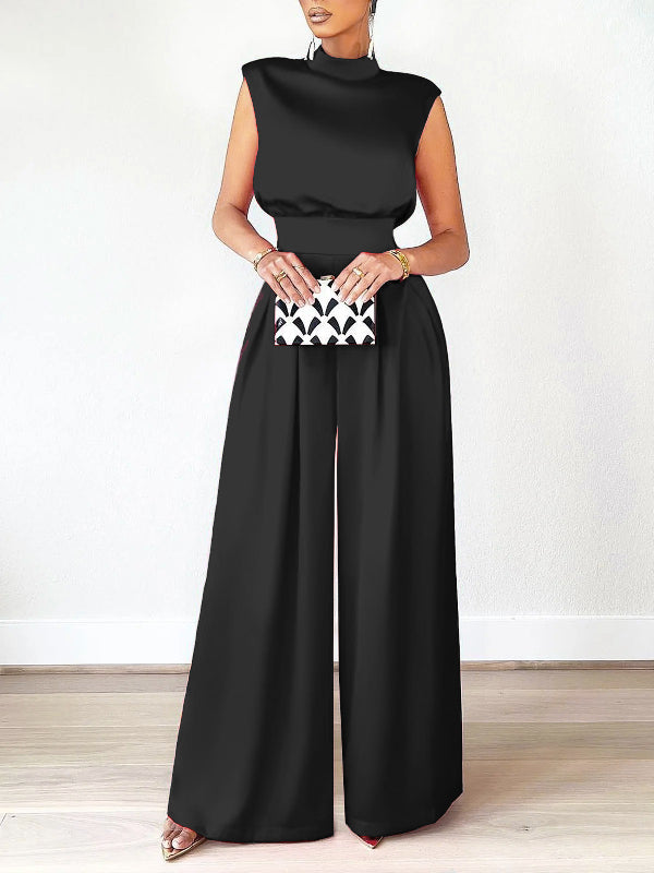Casual Wide Leg Sleeveless Solid Color High-Neck Jumpsuits
