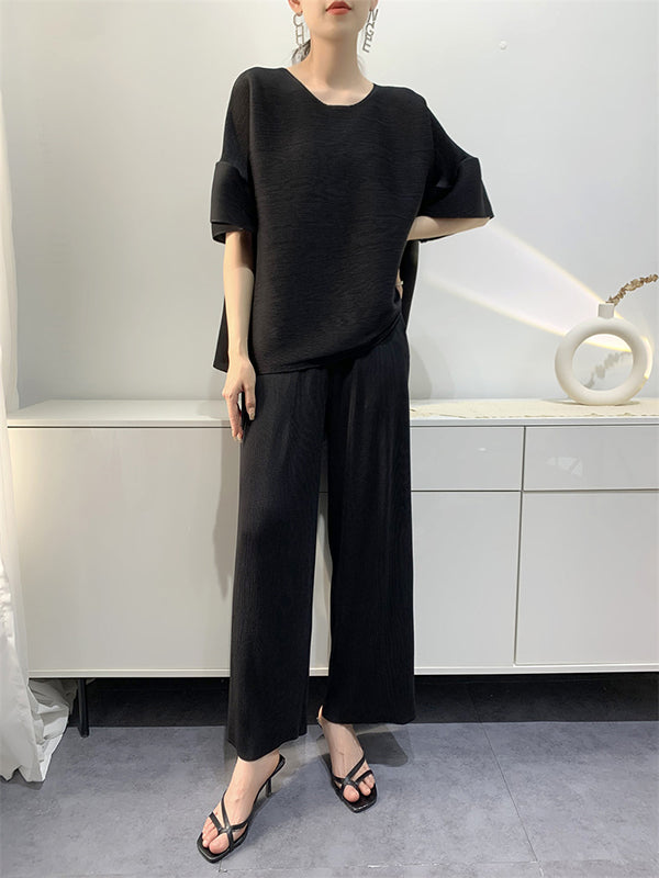 Elastics Pleated Solid Color Short Sleeves Wide Leg Round-neck Two Pieces Set