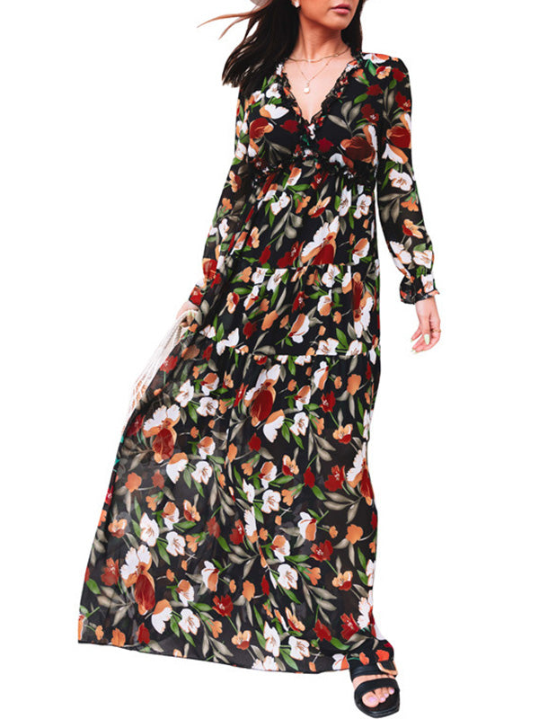 Flower Print Pleated Ruffled High Waisted Long Sleeves V-Neck Maxi Dresses