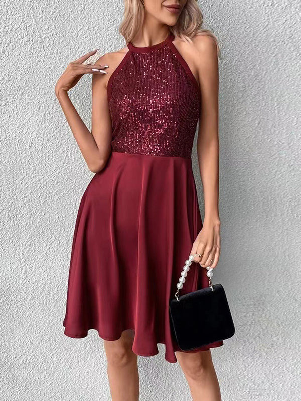 Sequined Solid Color Split-Joint Zipper Sleeveless Round-neck Mini Dresses