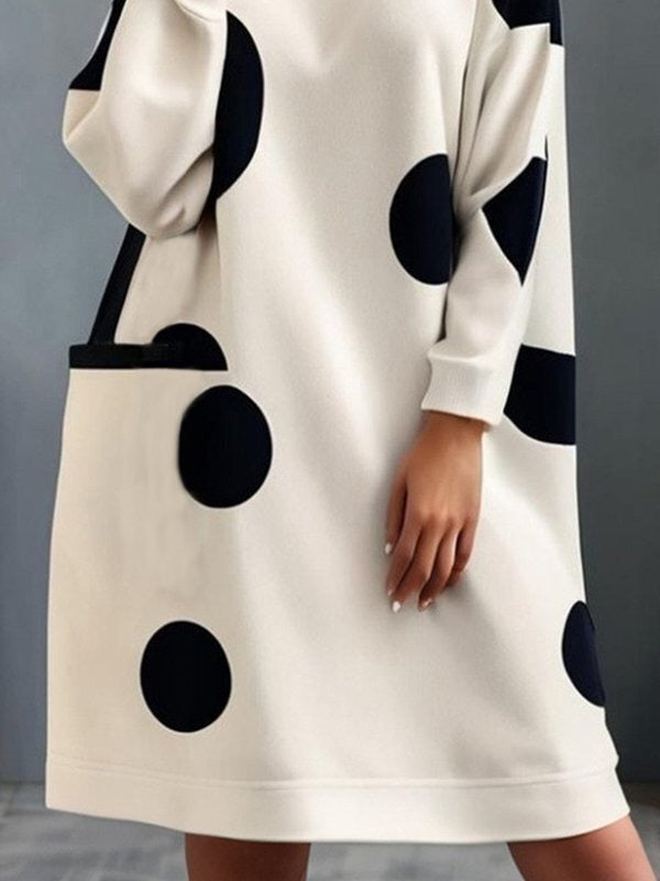 Pockets Polka-Dot Long Sleeves Loose Mock Neck Midi Dresses