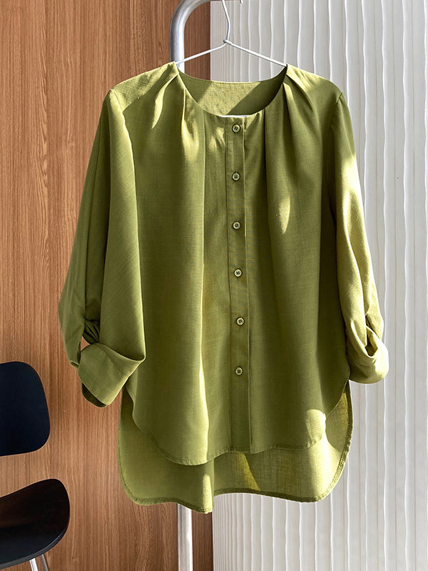 Pleated See-Through Solid Color Split-Joint High-Low Loose Round-Neck Blouses