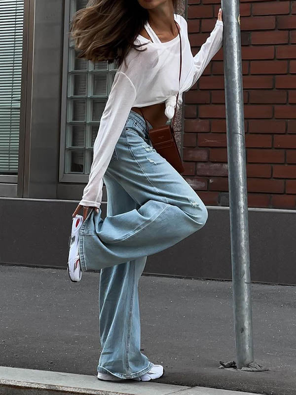 Solid Color Long Sleeves Loose Round-Neck T-Shirts Tops