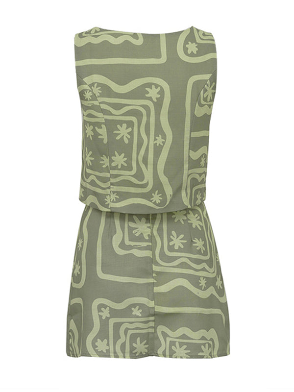 Printed Split-Joint Loose Sleeveless Buttoned Pockets Square-neck Vest Top + Skirts Bottom Two Pieces Set