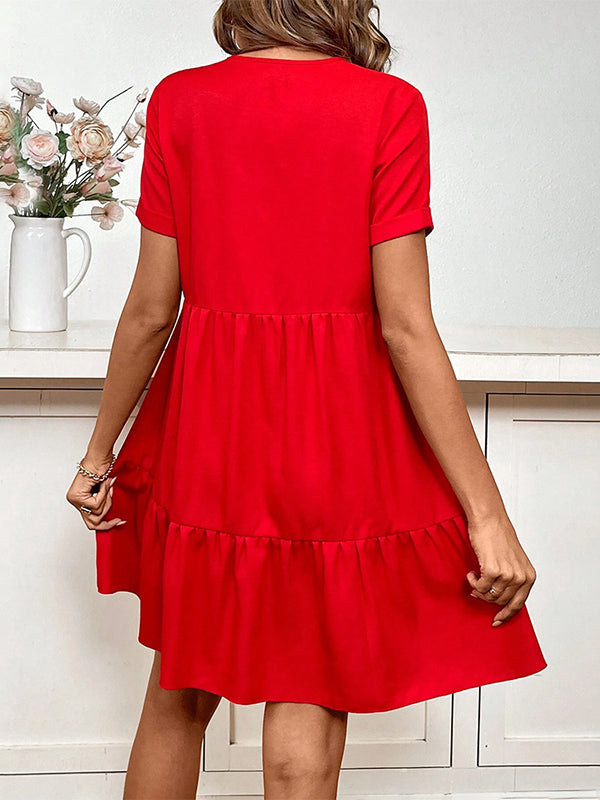 Pleated Solid Color Split-Joint A-Line High Waisted V-Neck Mini Dresses