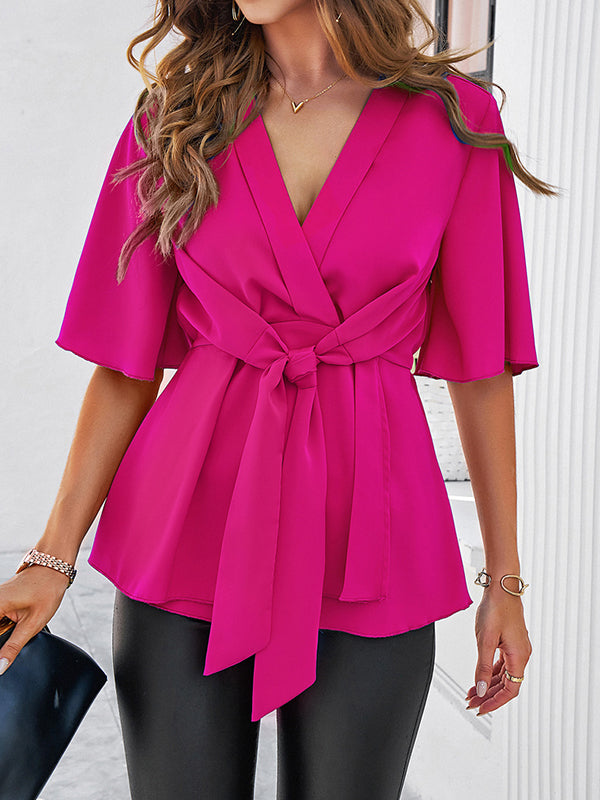 Solid Color Tied Flared Sleeves Half Sleeves V-neck Blouses&shirts Tops