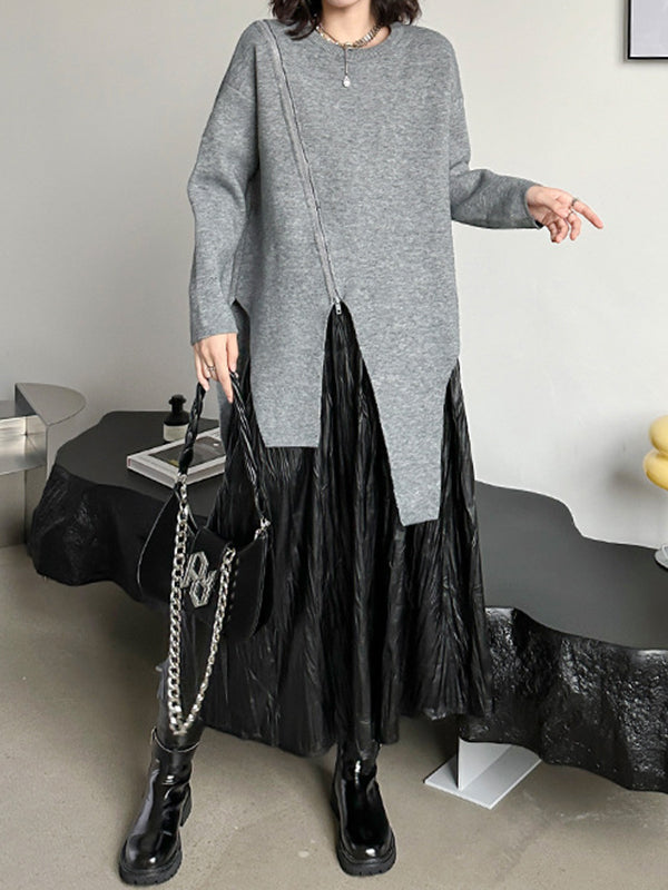 Asymmetric Solid Color Zipper High-low Long Sleeves Round-neck Sweater Tops Pullovers