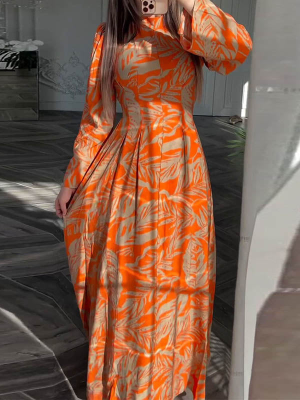 Flower Print Pleated Zipper A-Line High Waisted Mock Neck Maxi Dresses