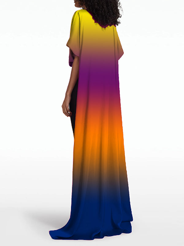 Contrast Color Gradient Half Sleeves High-low Round-neck T-Shirts Tops