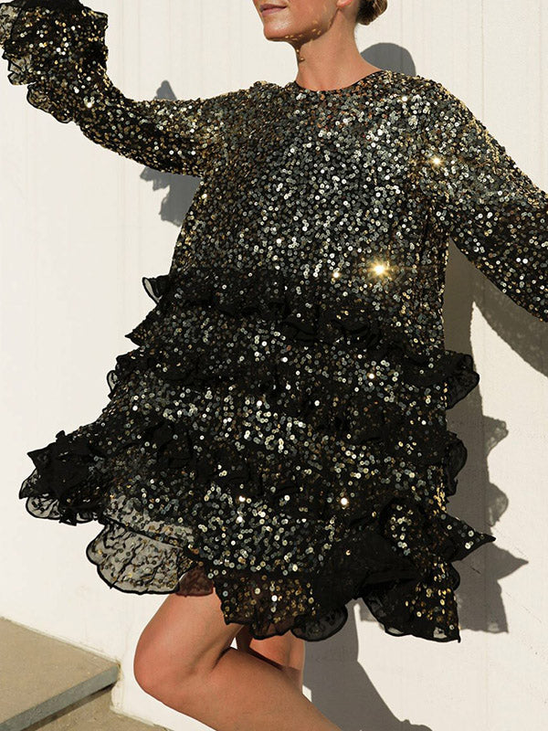 Layered Ruffled Sequined Long Sleeves Loose Round-Neck Mini Dresses
