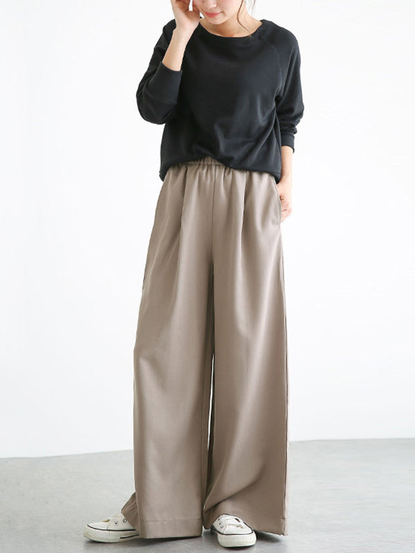 Elasticity Solid Color Split-Joint Wide Side High Waisted Wide Leg Trousers Pants