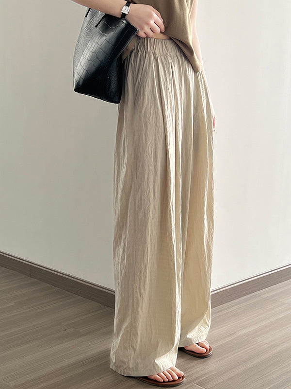 Elasticity Pleated Solid Color High Waisted Wide Leg Trousers Casual Pants Bottoms