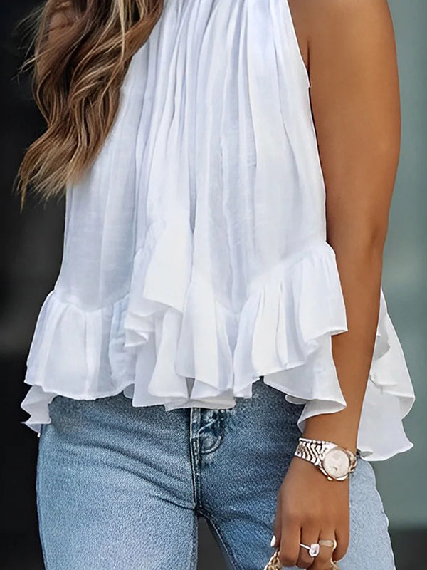 Loose Sleeveless Falbala Pleated Solid Color High-Neck Vest Top