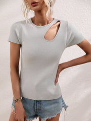 Asymmetric Hollow Solid Color Loose Short Sleeves Round-Neck T-Shirts Tops