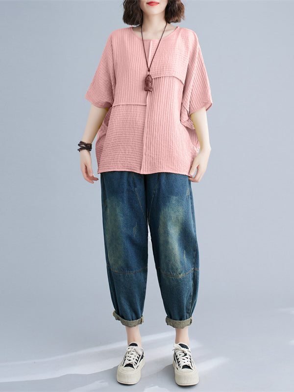 Solid Color Split-Joint Batwing Sleeves Loose Round-neck T-Shirts Tops