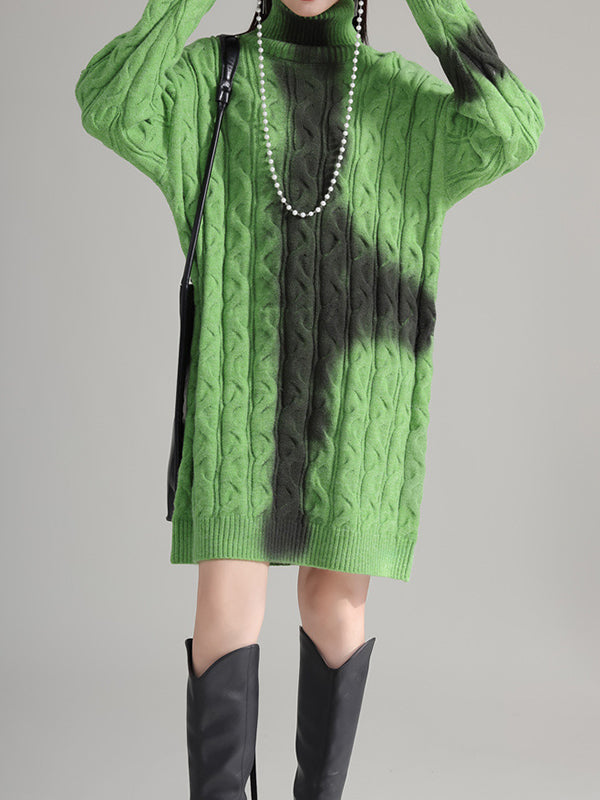 Contrast Color Long Sleeves Loose High Neck Sweater Dresses Mini Dresses