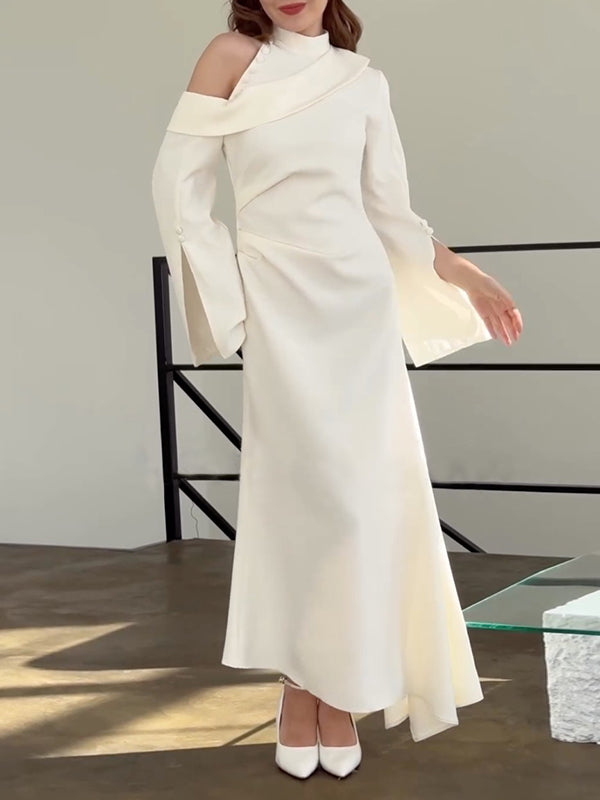 Flared Sleeves Asymmetric Buttoned Hollow Solid Color Zipper Cold Shoulder Evening Dresses Maxi Dresses