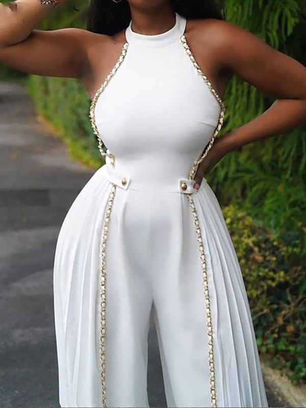 Chains Pleated Split-Joint High Waisted Sleeveless Round-Neck Jumpsuits