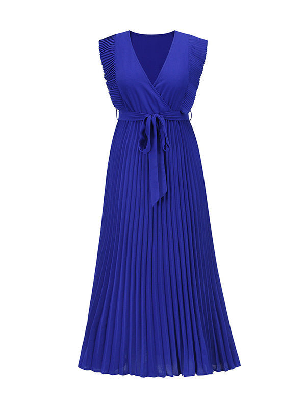 Floral Pleated Solid Color Split-Joint Tied Waist Loose Sleeveless V-Neck Maxi Dresses