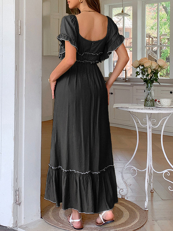 Pleated Ruffle Trim Split-Joint Zipper A-Line High Waisted Square-Neck Midi Dresses