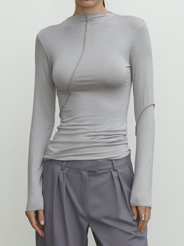 Asymmetric Solid Color Long Sleeves Skinny Mock Neck T-Shirts Tops