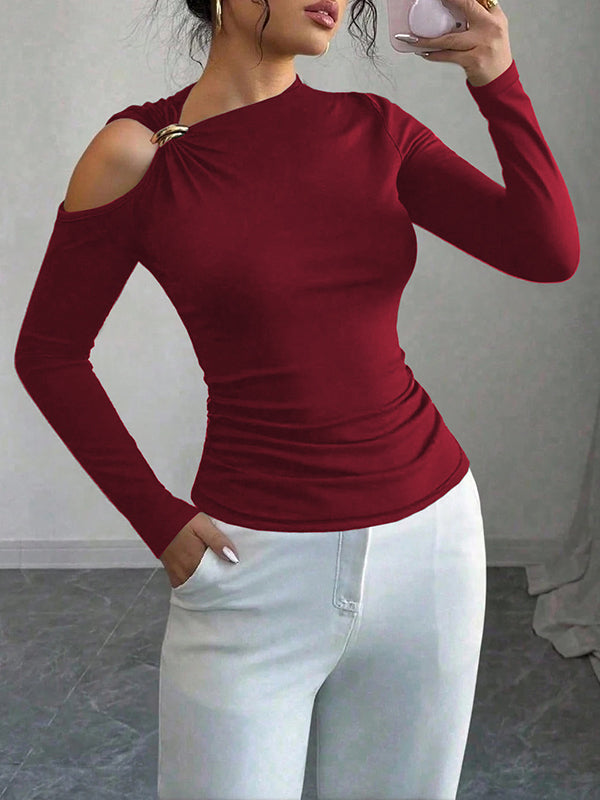 Asymmetric Solid Color Long Sleeves Skinny Asymmetric Neckline T-Shirts