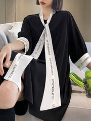 Contrast Color Lace-Up Letter Print Split-Joint Loose Short Sleeves Stand Collar Blouses