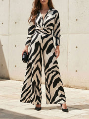 Long Sleeves Wide Leg Split-Joint Tied Waist Zebra Printed Lapel Jumpsuits