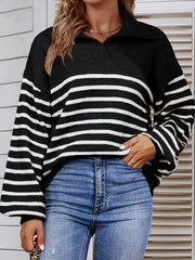 Casual Long Sleeves Loose Striped Lapel Collar Sweater Tops