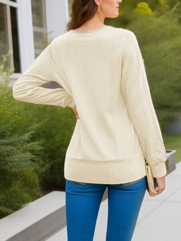 Solid Color Split-Joint Long Sleeves Loose Square-Neck T-Shirts Tops