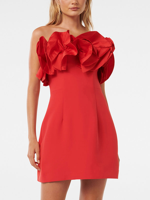 Solid Color Split-Joint Three-Dimensional Flower Zipper A-Line Sleeveless Tube Mini Dresses