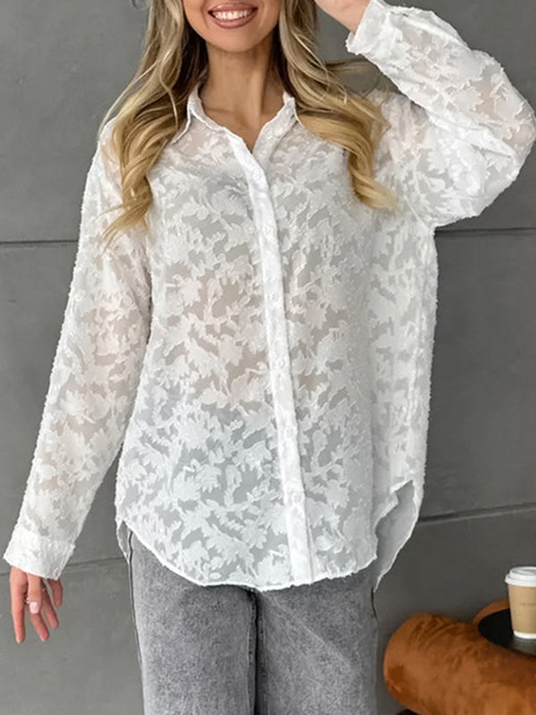 Jacquard See-Through Split-Joint Long Sleeves Loose Lapel Blouses&Shirts Tops