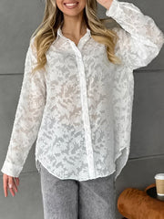 Jacquard See-Through Split-Joint Long Sleeves Loose Lapel Blouses&Shirts Tops