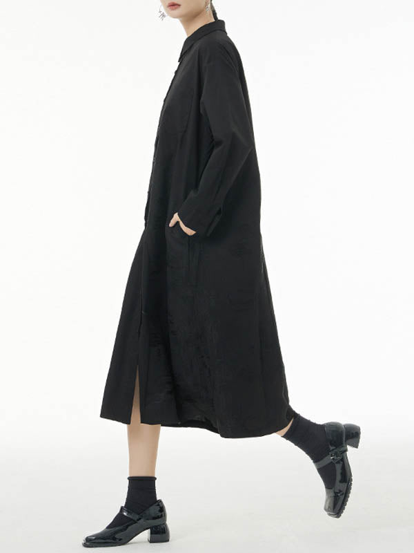 Asymmetric Buttoned Printed A-line Long Sleeves Lapel Shirt Dress Midi Dresses