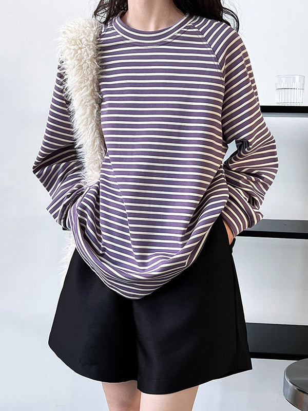Contrast Color Striped Long Sleeves Loose Round-neck Sweatshirt Tops